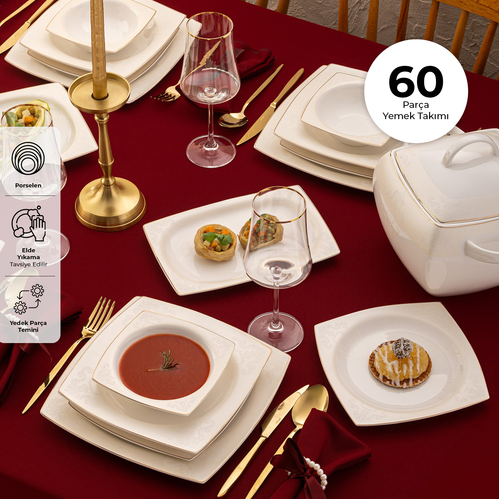 Emsan Fine Bone Sedef 60 Prç Kare Yemek Takımı