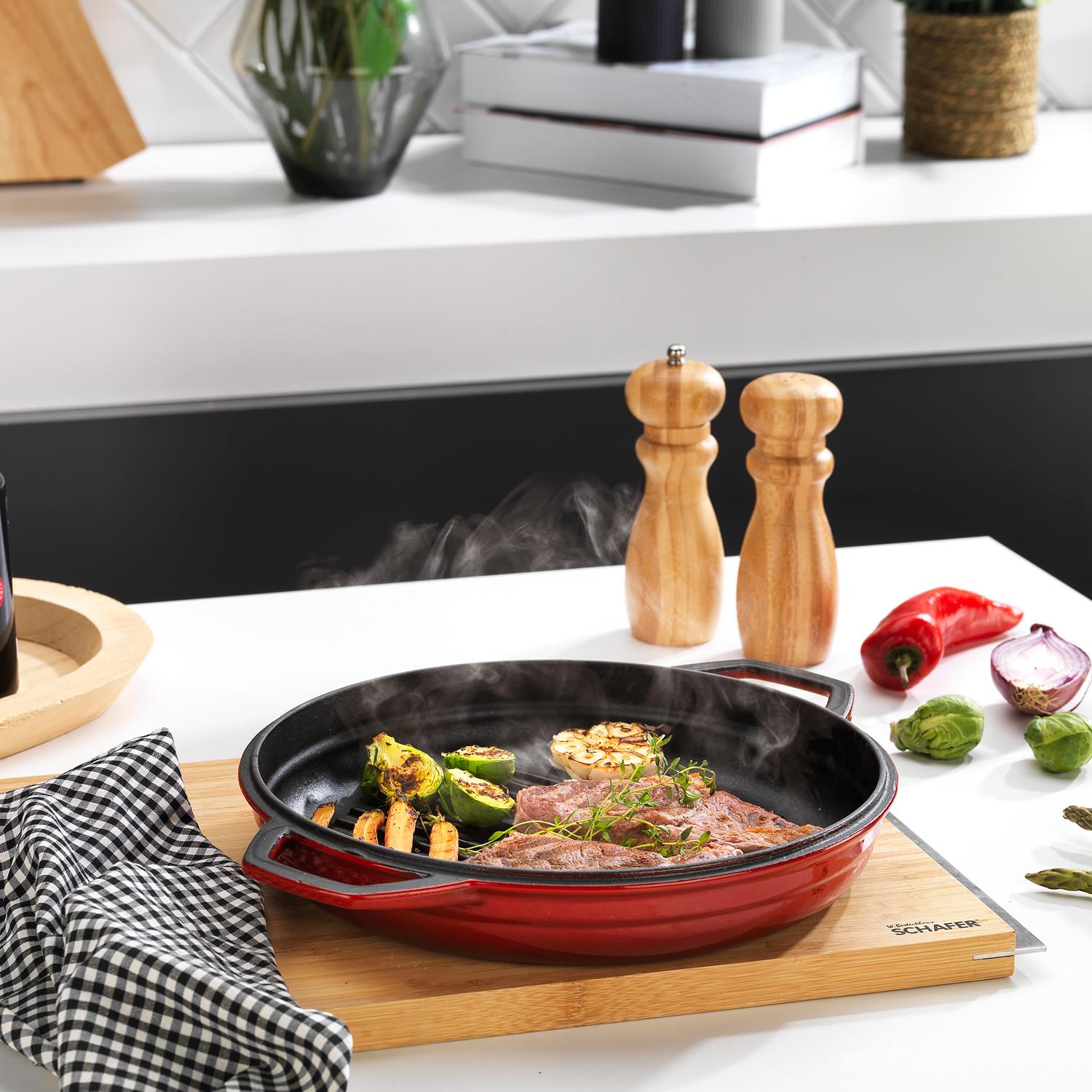 Schafer Guss Chef Döküm Yuvarlak Grill Tava Çift Kulplu 28 Cm 1 Pç Kırmızı