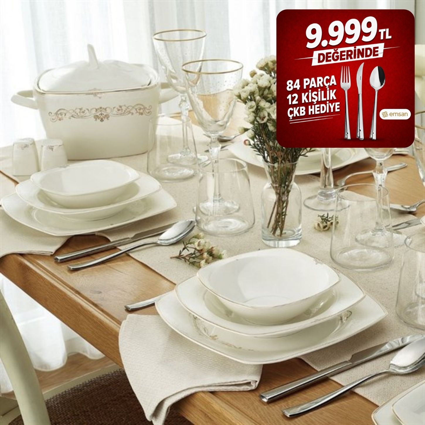 Emsan Ymt Mımoza Yarım Kare Gold 60 Prc Yemek Takımı