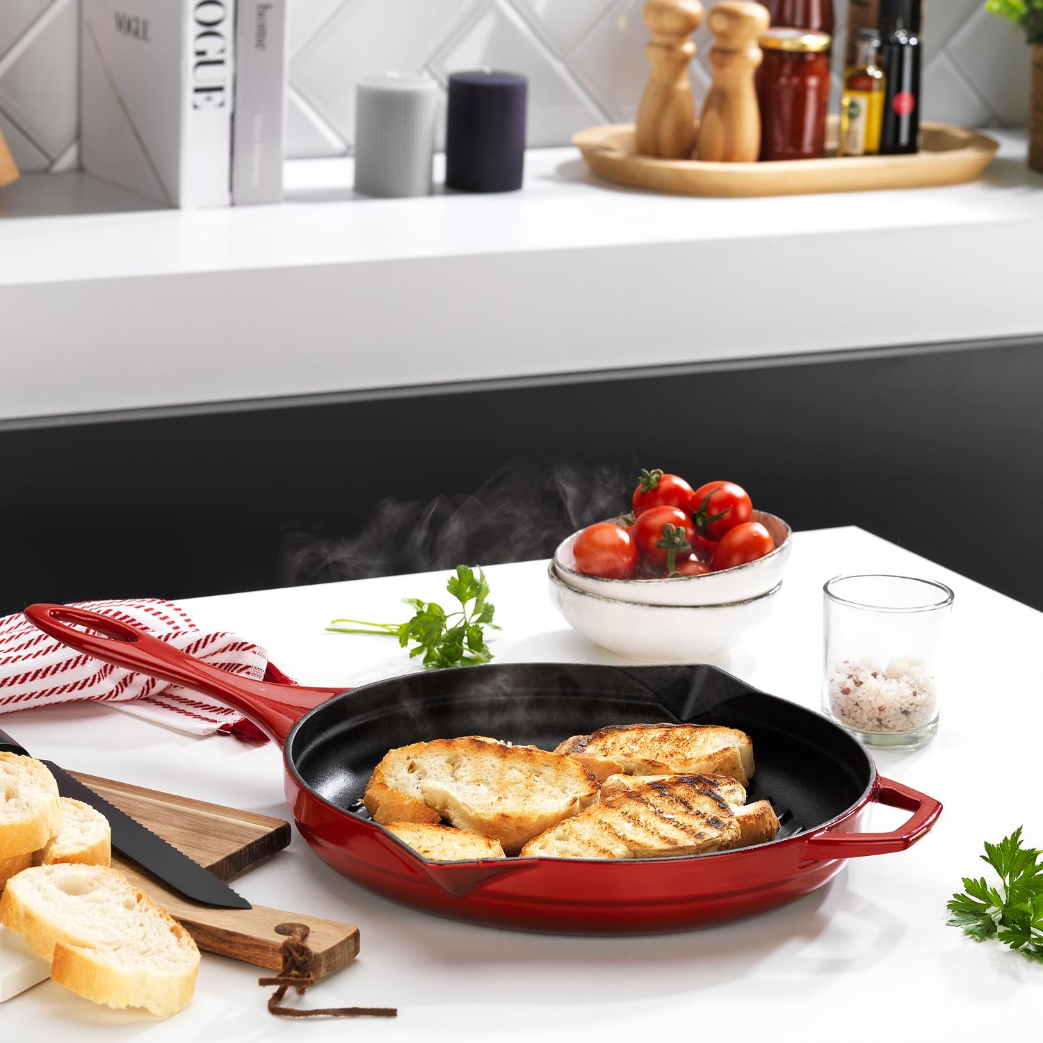 Schafer Guss Chef Döküm Yuvarlak Grill Tava Yardımcı Kulplu 28 Cm 1 Pç Kırmızı