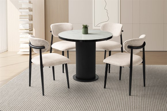 Levent Mtk.0248-255 Yuvarlak Ptt Ayak 100*100 Masa + Sn0091 Polo Sandalye Marmo Siyah
