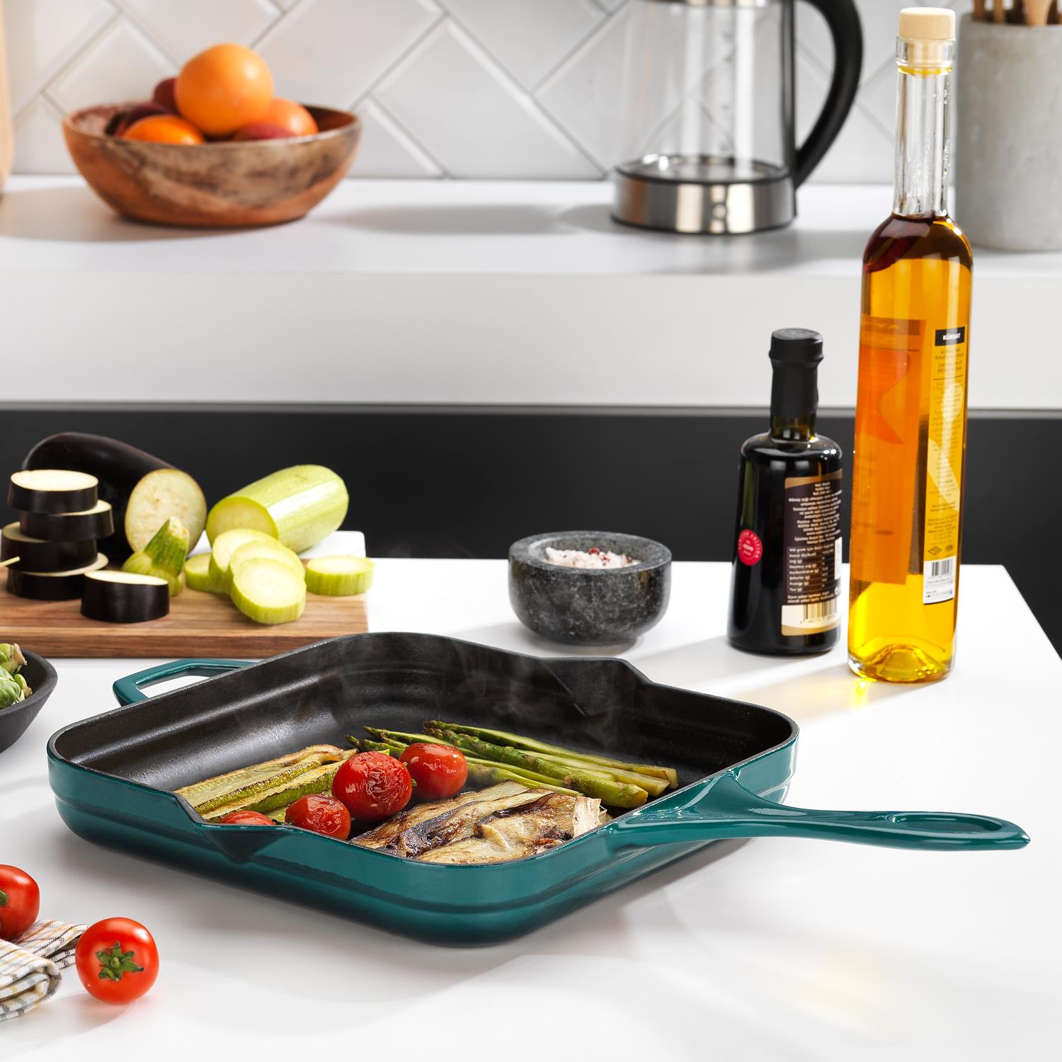 Schafer 1s2425-20004-tur01 Guss Chef Döküm Kare Kızartma Tavası  Yardımcı  Kulplu 28*28cm 1 Prç Turkuaz
