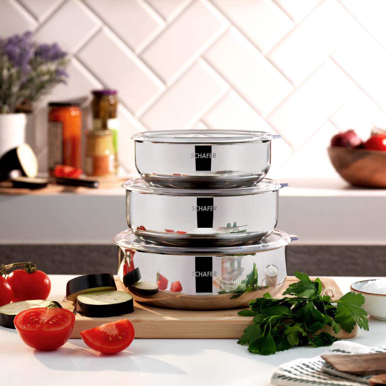 Schafer Practi 3 lü Çelik Saklama Kabı (16/18/20 Cm) 6 Parça-Inox