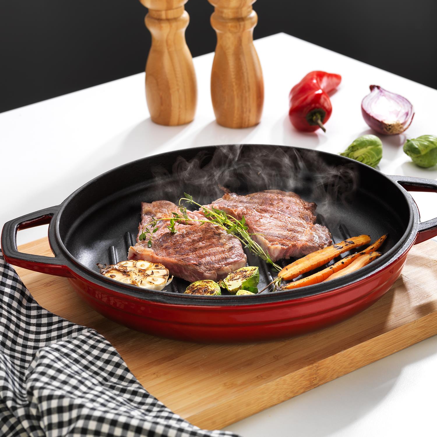 Schafer Guss Chef Döküm Yuvarlak Grill Tava Çift Kulplu 28 Cm 1 Parça-Gri